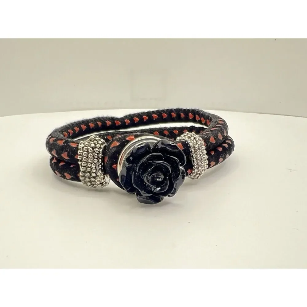 Snap Jewelry Black W Red Leather Bracelet 8